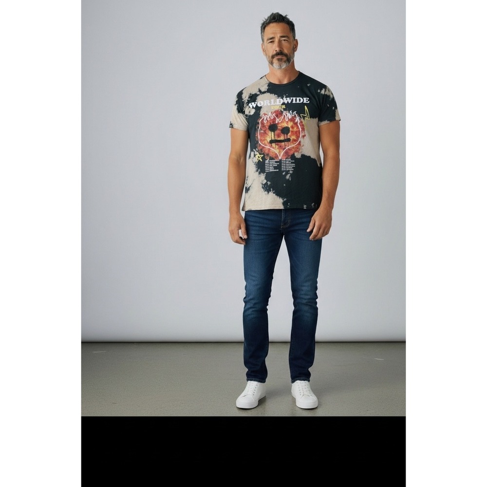 boohooMAN Worldwide Tour Graphic Tie Dye T-Shirt Mens 3XL Black Tan Bleached
